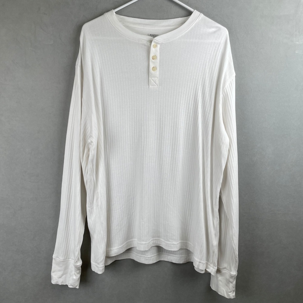 Lands End Mens White Ribbed Cotton L/S Henley Classic Basic Layer Soft Shirt‎ L